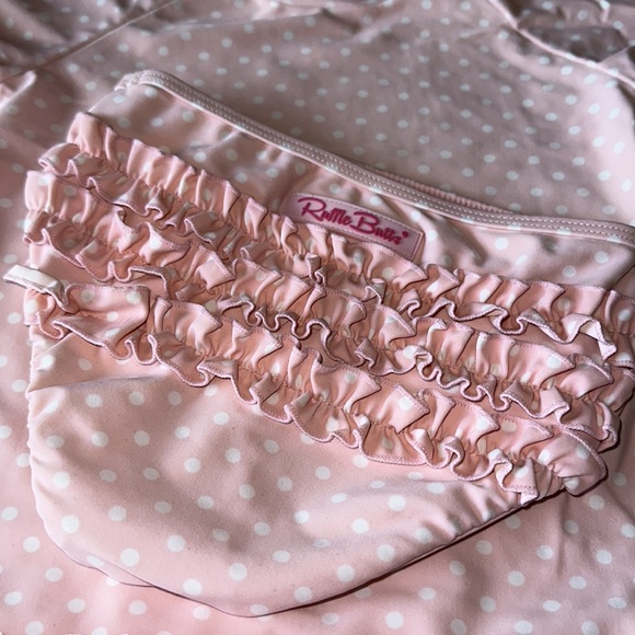 Ruffle Butts two-piece swimsuit. Size 7 children’s. Pink with white polka dots. - Picture 2 of 5